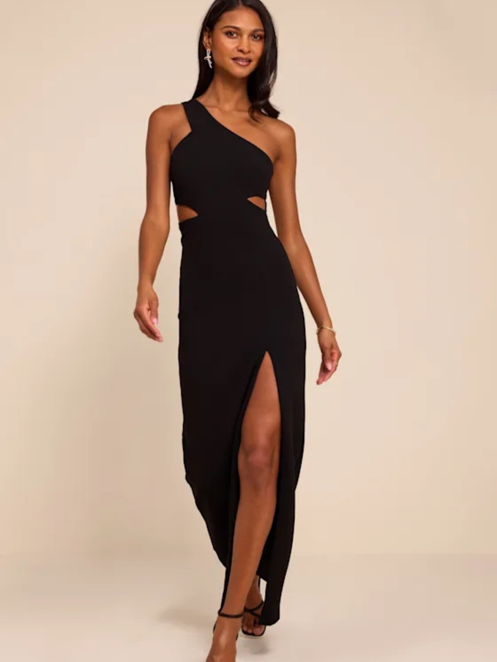 NWT. Lulu's Black One-Shoulder Cutout Maxi Dress with Thigh Slit